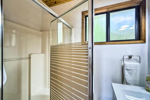 a bathroom with a shower and a sink at Trail's End Cabin in Lilliwaup