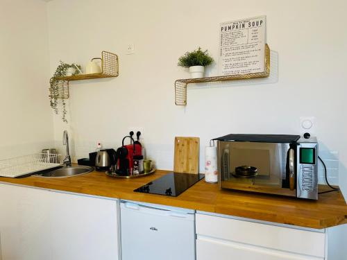 a kitchen with a counter top with a microwave at Le studio d'Angèle : Angie in Bruz