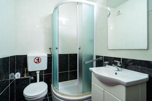 a bathroom with a shower and a toilet and a sink at Apartment Zuljana 10233b in Žuljana