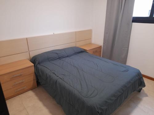 a bedroom with a bed with a blue comforter at Dpto Piacentini in Resistencia