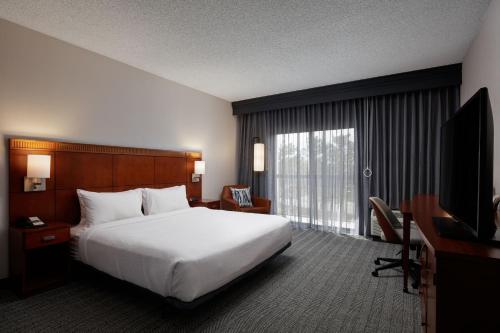 a hotel room with a bed and a desk and a television at Courtyard Denver Tech Center in Greenwood Village