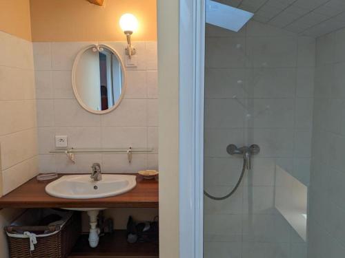 ein Bad mit einem Waschbecken und einer Dusche mit einem Spiegel in der Unterkunft Gîte Bunzac, 3 pièces, 5 personnes - FR-1-653-35 
