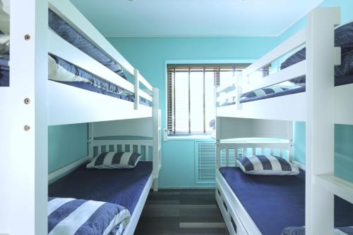 two bunk beds in a room with blue walls at 葉山THE TERRACE HOUSE in Hayama