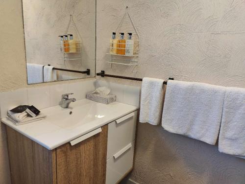 a bathroom with a sink and a mirror and towels at Kings Court Motor Lodge in Hamilton