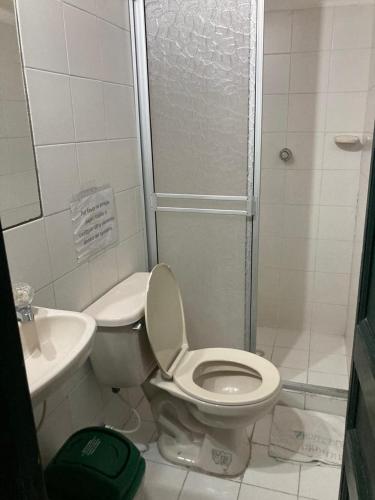 a bathroom with a shower and a toilet and a sink at Dorado Plaza in Zipaquirá