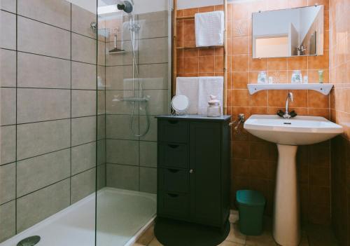 un bagno con cabina verde accanto a lavandino e doccia di Hôtel Studios Les Acacias a Saint-Paul-lès-Dax