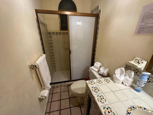 a small bathroom with a toilet and a shower at Vallarta Sun Suites in Puerto Vallarta