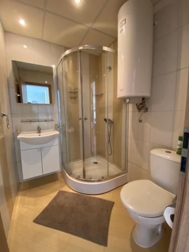 a bathroom with a shower and a toilet and a sink at Sea view apartment in Sveti Vlas in Elenite