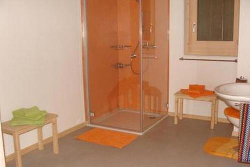 La salle de bains est pourvue d'une douche et d'un lavabo. dans l'établissement Rigi-Naturferien auf dem Bio-Bauernhof Oberebnet, à Vitznau