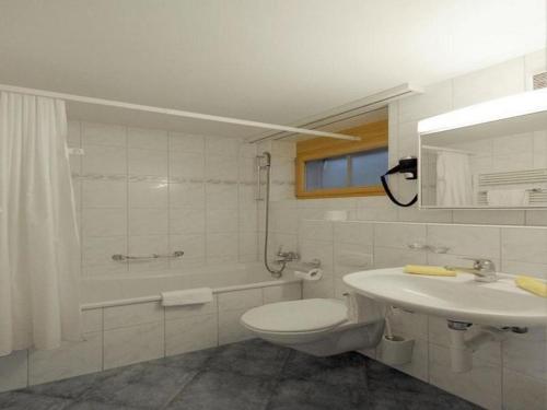 La salle de bains est pourvue d'un lavabo, de toilettes et d'une baignoire. dans l'établissement Steinbilla 2 Bett Ferienwohnung, à Grindelwald