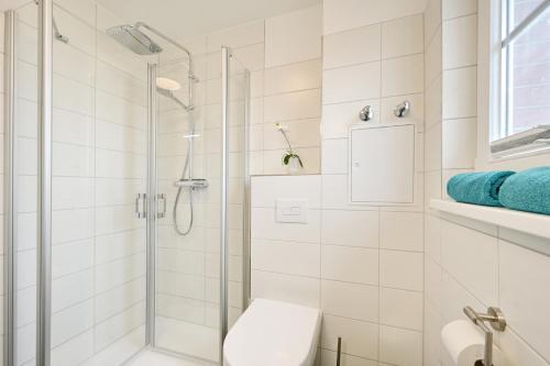 a white bathroom with a shower and a toilet at Ferienwohnung Popeye in Neddesitz