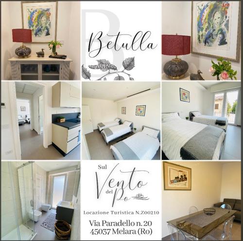 a collage of photos of a bedroom and a hotel room at Sul VenTo del Po in Melara