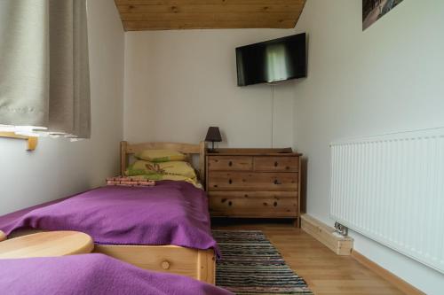 a bedroom with a bed and a tv on the wall at Biotour Camping & Restaurant in Ghimeş