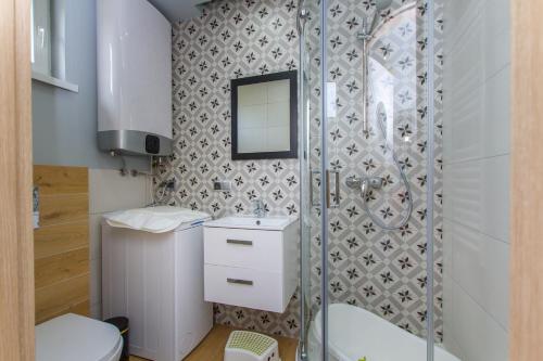 a bathroom with a shower and a toilet and a mirror at Słoneczna Kajuta - Apartmenty/Domki in Dębki