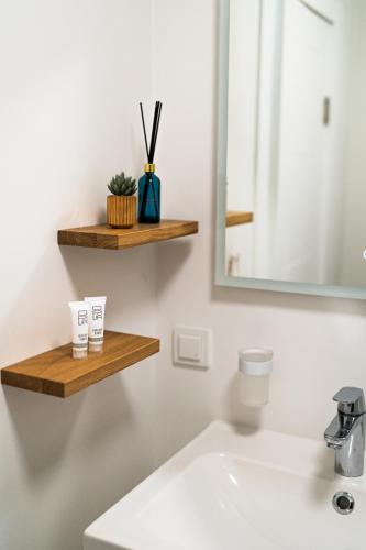 a bathroom with a sink and a mirror at Under The Pine in Engure