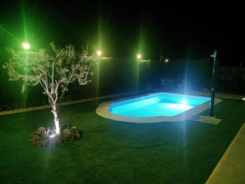 a swimming pool at night with a tree and lights at Casa Rural VUT El Rincón de Eulogio in El Torno