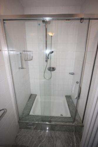 a shower with a glass door in a bathroom at White House in Cremia