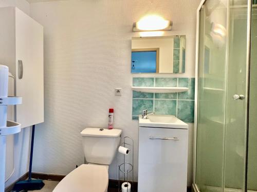 ルルドにあるNotre Dameのバスルーム(トイレ、洗面台、シャワー付)