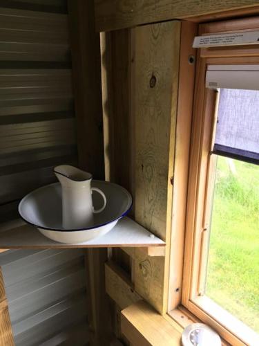 un lavabo assis sur une étagère à côté d'une fenêtre dans l'établissement sterlochy dome, à Lochcarron