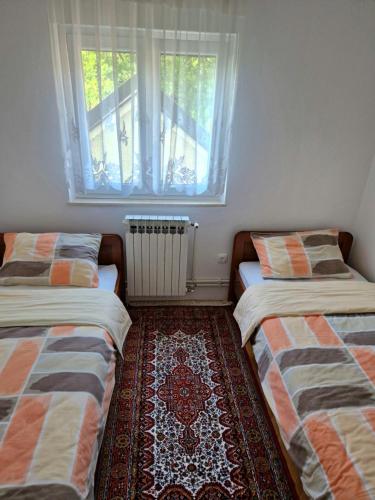 two beds in a room with a window and a rug at Apartman Milija in Trebinje
