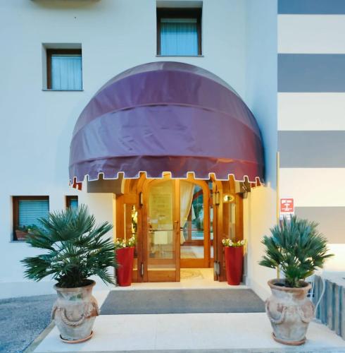 two potted plants in front of a building at Hotel Villaguarda Prosecco Area in Follina