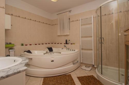 a bathroom with a tub and a sink and a shower at 299 - Teljes panorámás közvetlen balatonparti exkluzív apartman in Balatonőszöd