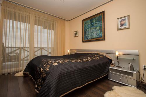 a hotel room with a bed and a window at 299 - Teljes panorámás közvetlen balatonparti exkluzív apartman in Balatonőszöd