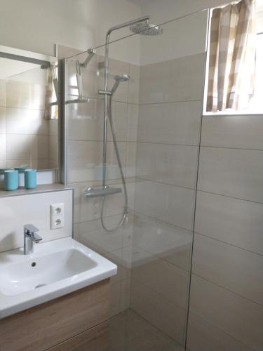 eine Dusche mit Glastür neben einem Waschbecken in der Unterkunft Appartement Hardenack in Innerkrems