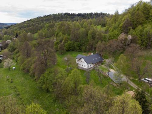an aerial view of a house in the middle of a field at Chata Hermann - Vernířovice in Vernířovice