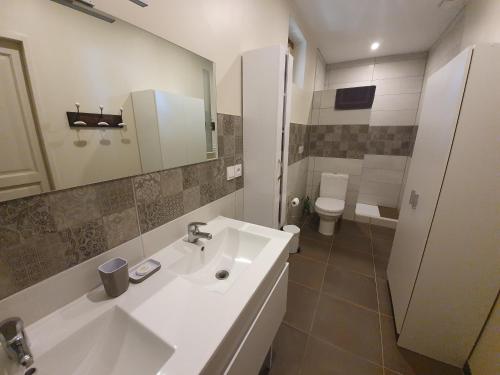 a bathroom with a white sink and a toilet at Le Clos de la Canéda in Sarlat-la-Canéda