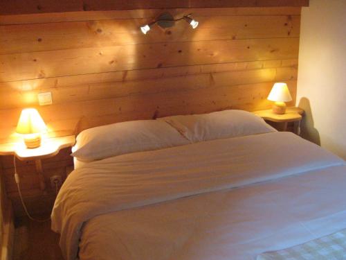 a bedroom with a bed with two lamps on two tables at La Ferme des Georgières "Séjour en tout compris" in Notre-Dame-de-Bellecombe
