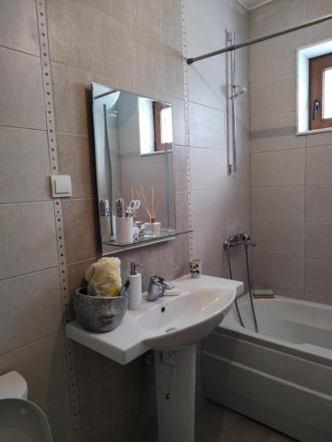 切佩拉雷的住宿－Апартамент за гости „Виктория“，浴室配有盥洗盆、镜子和浴缸
