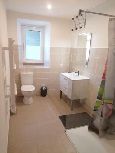 une salle de bain avec toilettes, lavabo et fenêtre dans l'établissement JOLIE LOGEMENT AU COEUR DU PAYS BASQUE, à Chéraute