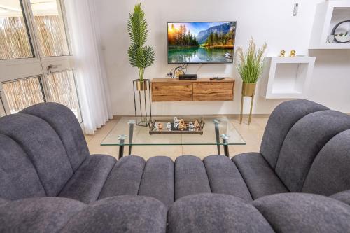 a living room with a couch and a tv at סוויטות לוגאסי - דירות אירוח נעימות עם מרפסת פרטית מול הנוף in Sheʼar Yashuv