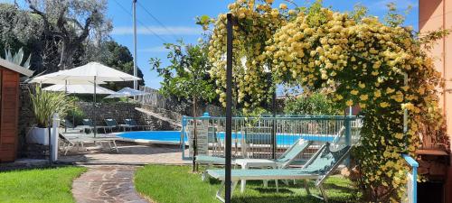 un árbol con flores amarillas junto a una piscina en Hotel Da Tino, en Malcesine
