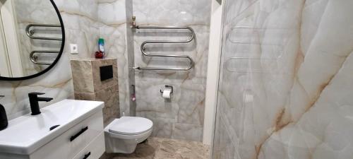 a bathroom with a toilet and a sink and a mirror at Apartamentai Klaipeda in Klaipėda