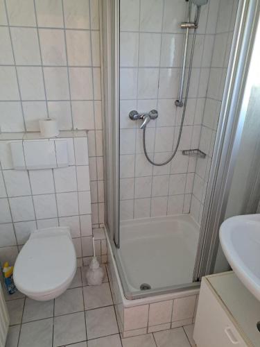 ein Bad mit einer Dusche, einem WC und einem Waschbecken in der Unterkunft Haus Halliger, Appartment Ramon in Westerland