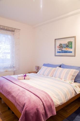 a bedroom with a large bed with a pink blanket at Apartments Zagy in Hrvatski Leskovac