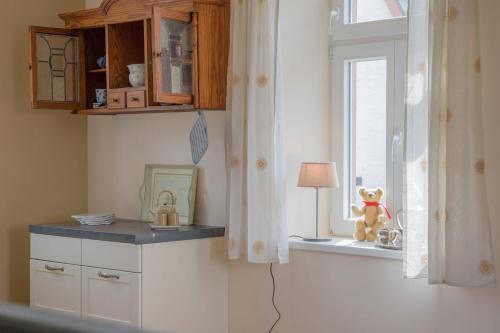 a kitchen with a window with a teddy bear on a window sill at Die Ferienwohnungen Schmiede und Gudd Stuvv in Annis Haus in Wadern