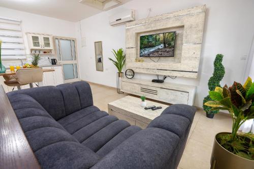 a living room with a blue couch and a tv at סוויטות לוגאסי - דירות אירוח נעימות עם מרפסת פרטית מול הנוף in Sheʼar Yashuv