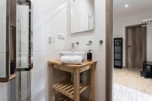 a bathroom with a sink and a shower at Vlevo dole Koko Apartment in Rokytnice nad Jizerou