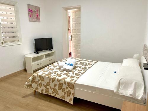 een slaapkamer met een groot bed en een televisie bij Villa Silvia LOCDENIA in Denia