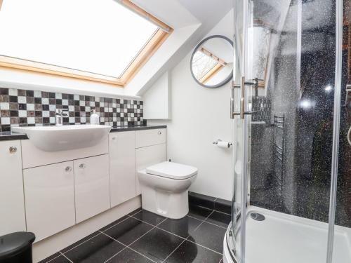 a bathroom with a toilet and a sink and a shower at 1 Barley Cottages in Matlock