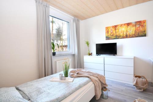 コー​​ブルクにあるCO06-HI Apartment in Coburgのベッドとテレビと窓のある寝室