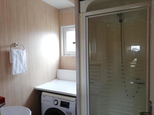 uma casa de banho com um chuveiro e uma máquina de lavar roupa em Chalet en pleine nature em La Chapelle-Hermier