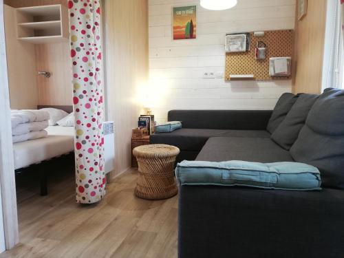 sala de estar con sofá y cama en Chalet en pleine nature, en La Chapelle-Hermier