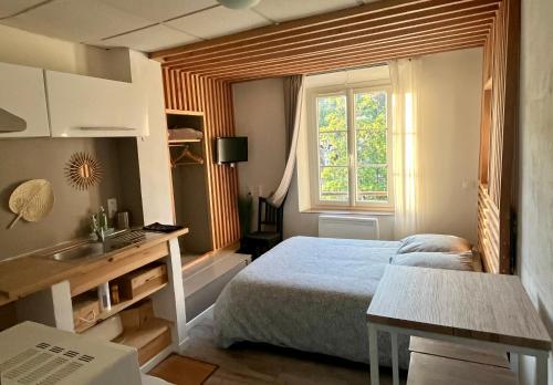 une chambre avec un lit, un lavabo et une fenêtre dans l'établissement Les Glycines, charmant studio au calme dans bâtisse de Maître proche du centre ville parking gratuit, à Digne-Les-Bains