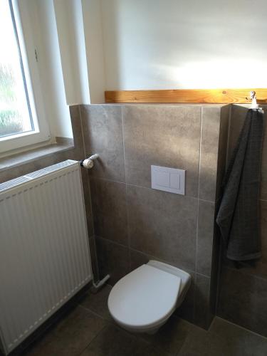 a bathroom with a white toilet and a window at Hrnčírna in Kněževes