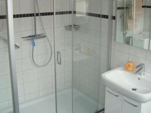 Wachholz, Ferienwohnung في سيل: حمام مع دش زجاجي ومغسلة