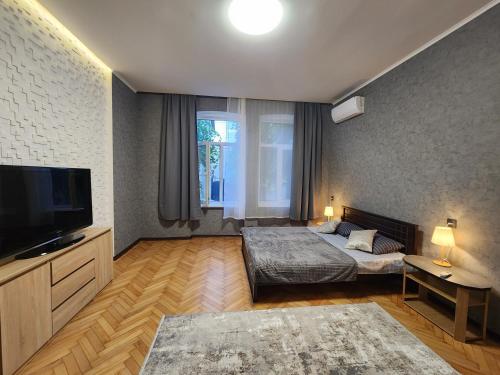 a bedroom with two beds and a flat screen tv at O.O.APART.2 in Chernivtsi